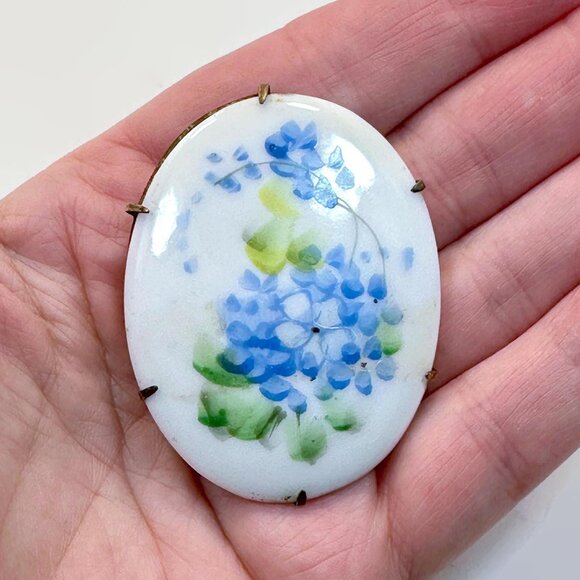 Victorian Brooch, Hand-painted, Porcelain, Forget-Me-Knot, Blue, C Clasp, Unique - Picture 1 of 4